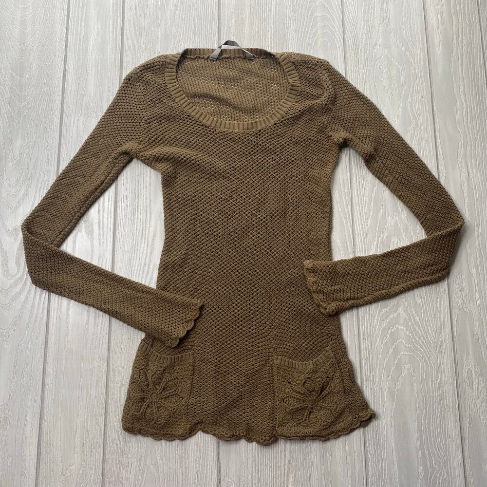 Athleta Women's Olive Green Crochet Knit Floral Pocket Sweater Size Medium